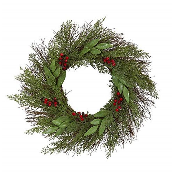 Nearly Naturals 20 in. Cedar & Ruscus with Berries Artificial Wreath 4362